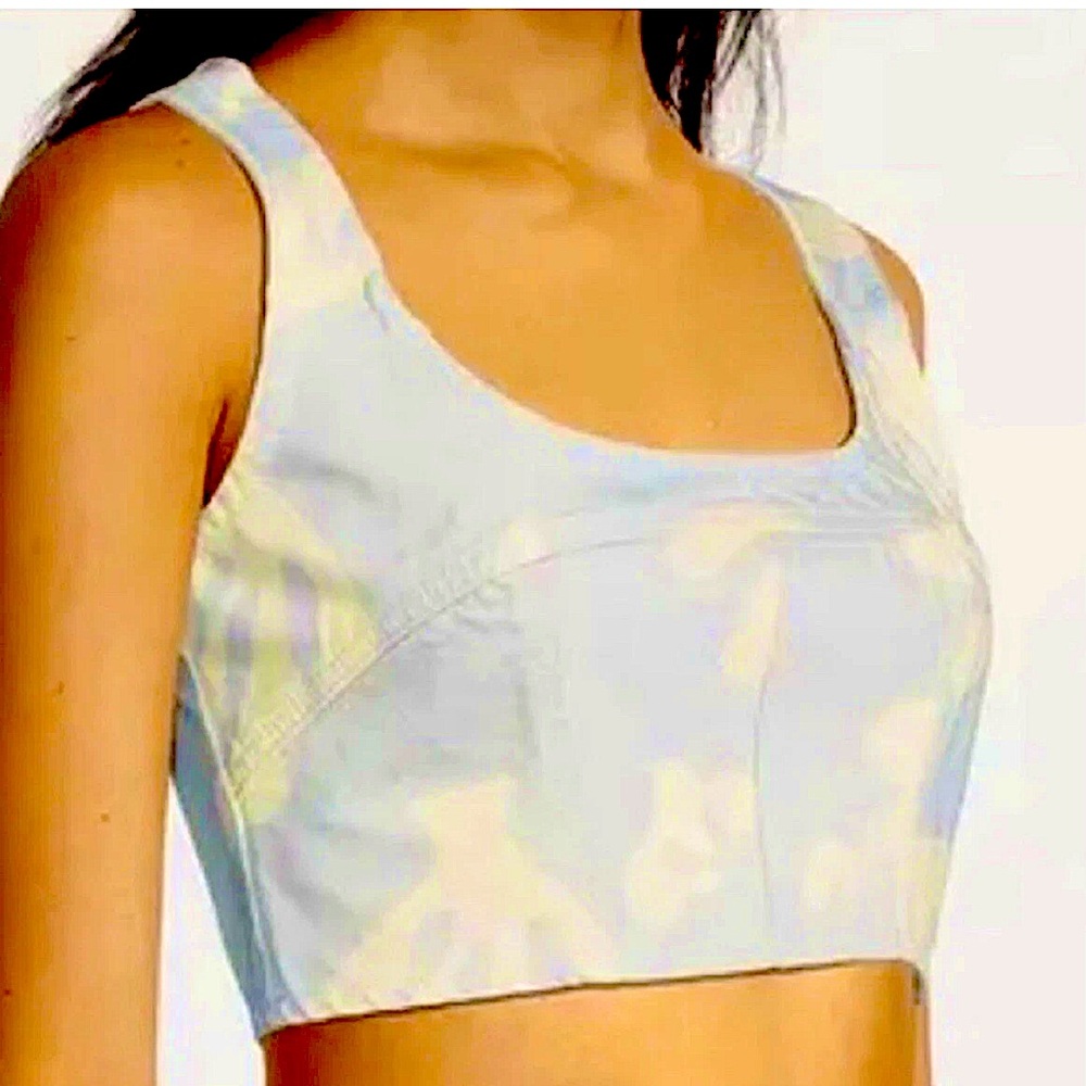 NWOT $368 Frame Jeans Denim  Women Blue Printed Seamed Denim Bustier Top Size M